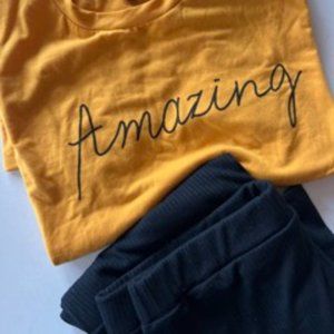 Shein Set!  Size XL Fitted Ribbed Black Pencil Skirt &  Yellow "Amazing" Tee